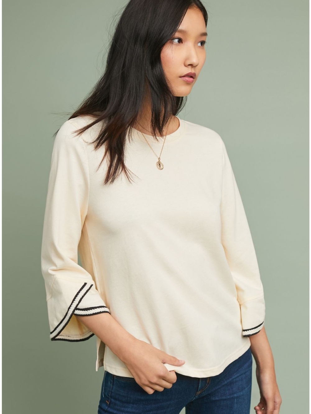 NWT Anthropologie Blue Tassel Cotton Ivory Trim Collegiate Pullover Size Small